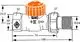 Thermostatventilunterteil von IMI Hydronic Engineering, mit einem orangefarbenen Drehknopf und mehreren Anschlüssen für Rohrleitungen, Maßlinien zur Orientierung im technischen Diagramm.